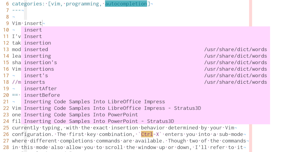 Screenshot of vim insert completion menu open